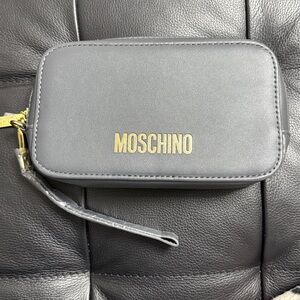 Moschino Charcoal Leather Wristlet with Gold Accents